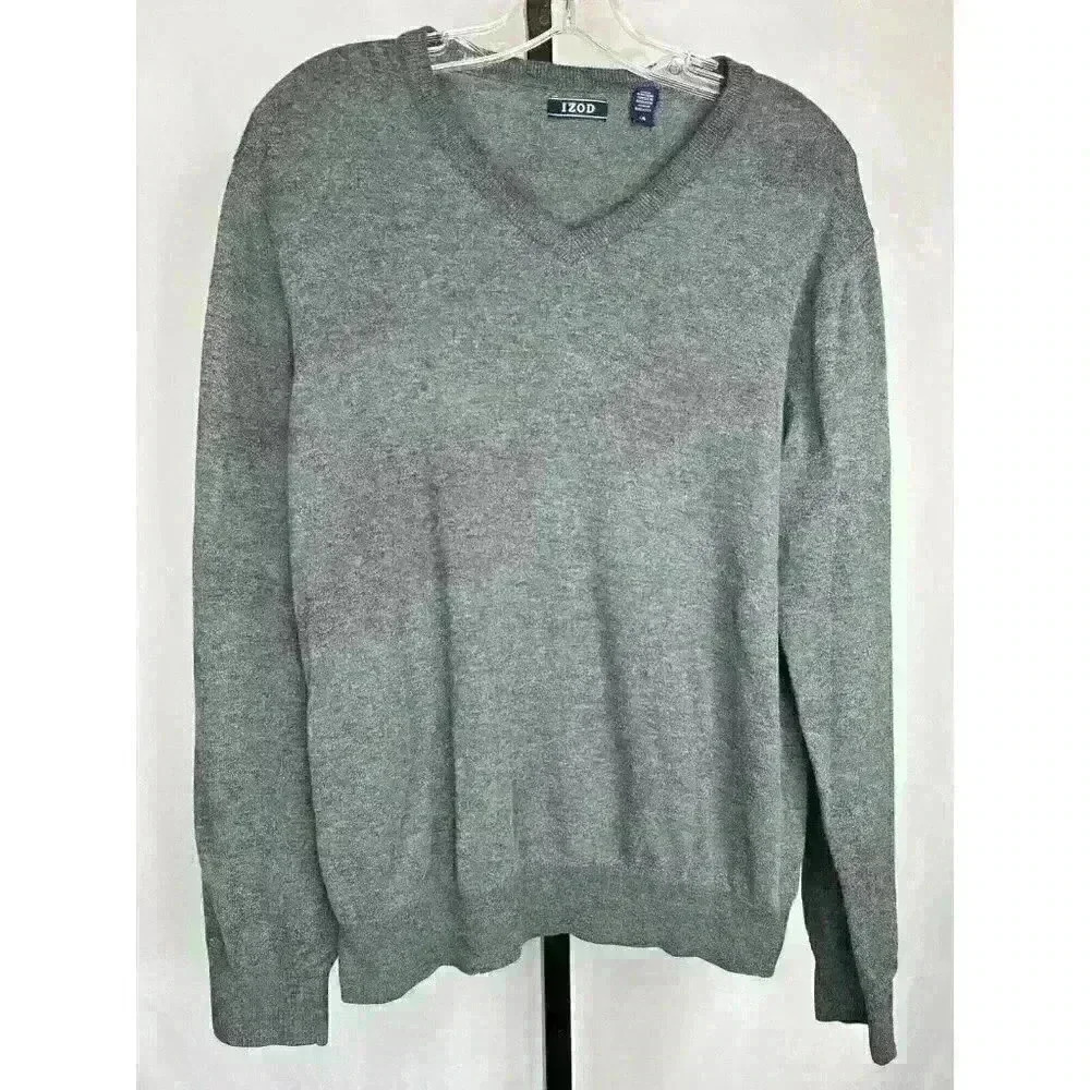 Men's IZOD V-Neck Sweater Pullover Size Large L Grey‎ Long Sleeve Cotton Knit